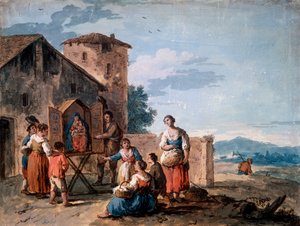 Grupa chłopów przed tabernakulum z figurą Stojącej Madonny, ok. 1750 r.