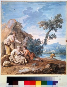 Trzech chłopów odpoczywających na brzegu rzeki. Obraz Giuseppe Zaisa (1709-1784). Akwarela na papierze, 29,5 x 26,2 cm, ok. 1750. Szkoła wenecka, malarstwo włoskie XVIII w. Muzeum Sztuk Pięknych Puszkina,