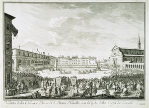 Święto Corsa dei Cocchi na placu Santa Maria Novella. Święto Corsa dei Cocchi na placu kościoła Santa Maria Novella we Florencji. Rysunek autorstwa Giuseppe Zocchi (1711-1767). Florencja, Biblioteca Riccardiana. autorstwa Giuseppe Zocchi