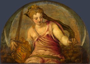 ""Sprawiedliwość"" Alegoria Peinture de Giuseppe Salviati (1520-1575) - ok. 1559 - Olej na płótnie Dim 90,2x125,1 cm Londres National Gallery autorstwa Giuseppe della Porta Salviati