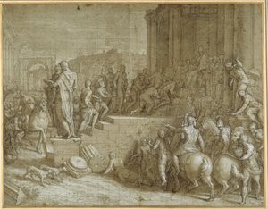 Legenda o siedmiu królach oddających hołd papieżowi (pióro i brązowy tusz z wash oraz biały kolor ciała na carta azzurra) autorstwa Giuseppe della Porta Salviati
