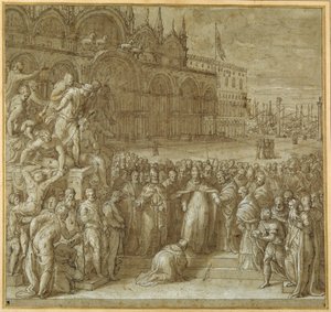 Pojednanie papieża Aleksandra III i Fryderyka Barbarossy w obecności doży Sebastiano Ziani (pióro i brązowy tusz z brązowym rozmyciem i wyostrzeniem) autorstwa Giuseppe della Porta Salviati