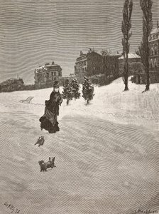 Zimno!, kobieta spacerująca po śniegu, rycina z obrazu Giuseppe De Nittis, rysunek Montefusco, L