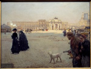 Ruiny Place du Carrousel w Tuileries w 1882 roku. Tablica przedstawiająca widok na Paryż. Obraz Guiseppe Nittisa (1846 - 1884)