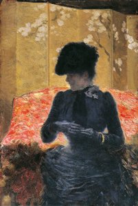 Kobieta na czerwonej kanapie autorstwa Giuseppe or Joseph de Nittis