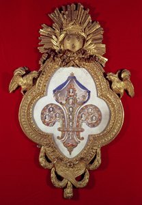 Fleur de France, drzewo genealogiczne z trzynastoma portretami Ludwika XV (1710-1774) i jego potomków w ramie w kształcie lilii, 1765 (złoto i emalia)