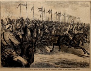 Nasz indyjski kontyngent na Malcie, przegląd przed księciem Cambridge, szarża dziewiątych lansjerów bengalskich. autorstwa Godefroy Durand