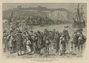 Hugenoci w Anglii: Francuscy uchodźcy hugenoccy lądujący w Dover w 1685 r. (rycina)