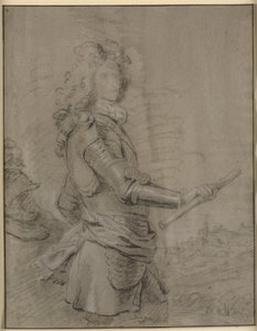 Portret w trzech czwartych dowódcy w zbroi iz laską w prawej ręce. W tle pejzaż z miastem autorstwa Godfrey Kneller