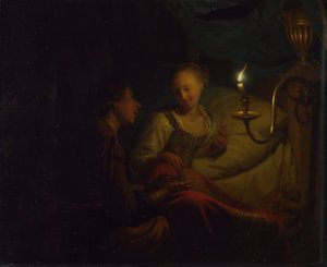 Scena przy świecach. Mężczyzna ofiarowujący dziewczynie siedzącej na łóżku złoty łańcuch i monety, ok. godz. 1665-1667 autorstwa Godfried Cornelisz Schalcken