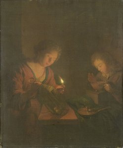 Ogień i światło (dziewczyna kładzie świecę w latarni, a chłopiec dmucha na węgle w naczyniu do pieczenia) autorstwa Godfried Schalcken (attributed to)