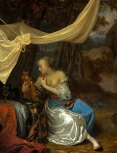 Kobieta z lustrem pod baldachimem w leśnym krajobrazie autorstwa Godfried Schalcken