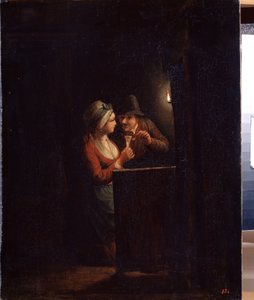 Mężczyzna i kobieta przy świecach. Obraz Godfrieda Cornelisza Schalckena (1643-1706). Olej na płótnie, 31 x 25 cm. Sztuka holenderska, sztuka barokowa. Państwowe Muzeum na Wolnym Powietrzu Pałac Gatchina, Sankt Petersburg.