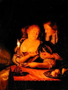Dżentelmen ofiarowujący damie pierścionek (olej na panelu) autorstwa Godfried Schalcken