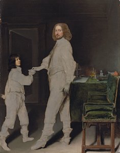 Portret mężczyzny, pełnometrażowy, wręczający list chłopcu, we wnętrzu