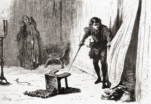 Scena z Williama Szekspira grającego Hamleta, Akt III, Scena 4, Hamlet: Nieszczęsny, pochopny, natrętny głupcze, żegnaj! Wziąłem cię na lepsze, z Dzieł Williama Szekspira, opublikowanych 189