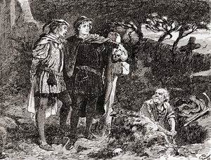 Scena z Williama Szekspira gra Hamleta, akt V, scena 1, Hamlet: Znam go, Horatio, człowiek nieskończonego żartu, najdoskonalszej wyobraźni, z Dzieł Williama Szekspira, wydanych w 1896 r. (e
