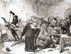 Scena z Williama Szekspira grającego Hamleta, Akt V, Scena 2, Hamleta: Punkt też zatruty! Niż jad na twoją pracę. (Pełnia króla), z The Works of William Shakespeare, opublikowanej w 1896 r