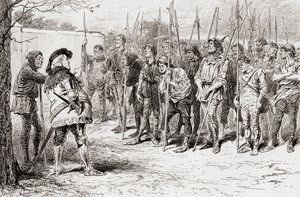 Scena ze sztuki Williama Szekspira Król Henryk IV, część 1, akt IV, scena 2, obdarty pułk Falstaffa, z Dzieł Williama Szekspira, opublikowana w 1896 r. autorstwa Gordon Frederick Browne