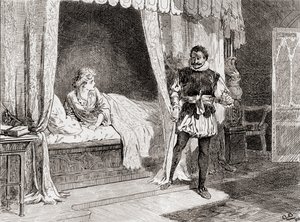 Scena z dramatu Williama Shakespearesa Otello, Akt V, Scena 2, Desdemona: Mówisz o zabijaniu? Otello: Ay I do, z The Works of William Shakespeare, wyd. 1896 autorstwa Gordon Frederick Browne