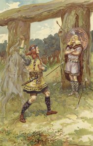 Hodur wziął jemiołę od Lokiego, a Loki poprowadził jego ramię i rzucił nią w Baldura, a z ostrym krzykiem Baldur padł martwy (chromolitho)