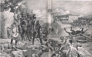 Jak 57. pułk zdobył przydomek „The Die Hards” w bitwie pod Albuera, 16 maja 1811, ilustracja z „British Battles on Land and Sea”, wydanej przez Cassell, Londyn, ok. 1910 autorstwa Gordon Frederick Browne