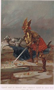 Sigurd powiedział sobie, że cokolwiek się stanie, musi spojrzeć w twarz, ilustracja z „Księgi sag” Alice S. Hoffman, wydanej w 1926 r. autorstwa Gordon Frederick Browne