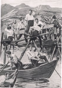The Construction of the Bridge over the Guadiana, 3 kwietnia 1811, ilustracja z „British Battles on Land and Sea”, wydanej przez Cassell, Londyn, ok. 1910 autorstwa Gordon Frederick Browne