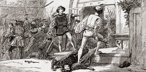 Tybalt zabity przez Romea, scena z Romea i Julii Williama Szekspira, Akt III, Scena 1, z Dzieł Williama Szekspira, opublikowana 1896