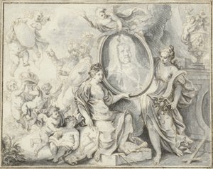 Portret mężczyzny w medalionie w otoczeniu alegorycznych postaci autorstwa Gottfried Eichler (II)