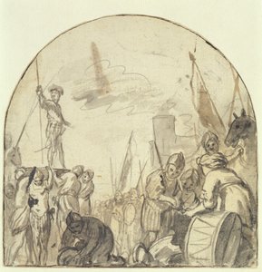 Brinio podniesiony na tarczy przez wojowników (pióro, pędzel i atrament na ołówku na papierze) autorstwa Govaert Flinck