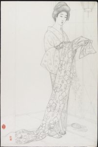 Rysunek przygotowawczy dla kobiety w bieliźnie kimono