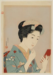 Kobieta nakładająca szminkę do ust, era Taisho, luty 1920 (kolorowy drzeworyt)
