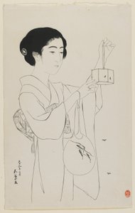 Kobieta trzymająca klatkę ze świetlikami, era Taisho, lipiec 1920 (drewnodruk) autorstwa Goyo Hashiguchi