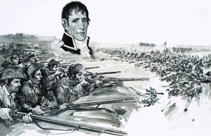 Portret generała Andrew Jacksona nad obrazem przedstawiającym brytyjską klęskę pod Nowym Orleanem w 1815 r. autorstwa Graham Coton