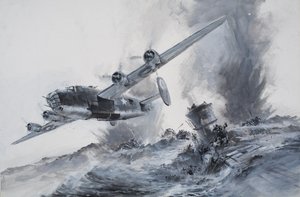 Zatonięcie okrętu Laconia w 1942 roku (gwasz na papierze)