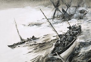 Niezidentyfikowany wrak statku z łodziami ratunkowymi uciekającymi na wzburzone morze autorstwa Graham Coton