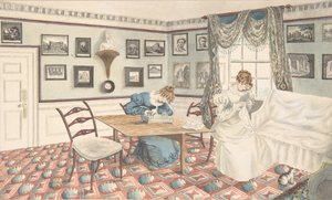 Dwie młode kobiety piszące i szyjące we wnętrzu Hatton, Warwickshire, 1820-30. autorstwa Granddaughters of Dr. Samuel Parr.