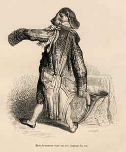 Pies w roli lokaja króla. Miniatury ilustrowane przez JJ Granville. Grawer sygnowany Caque w części „Historia zająca” napisany przez PJ Stahla w „Sceny z życia prywatnego i publicznego zwierząt”. Paryż, J. Hetzel i Paulin autorstwa Grandville