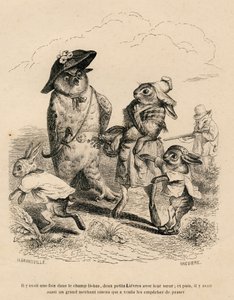 Dwa małe zające ze swoją starszą siostrą zatrzymały się przy sowie na polu. Za nimi stoi polujący lis. Miniatury ilustrowane przez JJ Granville. Grawer sygnowany Breviere w części "Historia zająca" autorstwa PJ Stahl in autorstwa Grandville