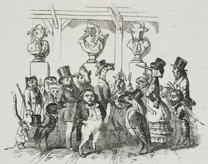 Wyjście z teatru, karykatura Jean-Jacques Grandville (1803-1847), litografia Giovanniego Marianiego z Polioramy Pittoresco, nr 39, 7 maja autorstwa Grandville