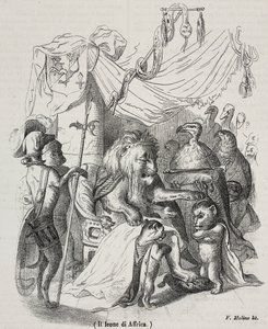 Lew Afryki, bohater opowieści o lwie afrykańskim i trzech rodzimych młodych lwach, litografia Filippo Molino (1804-1856) wg rysunku Jean-Jacques Grandville (1803-1847), autorstwa Grandville