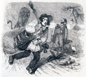 Lew i myśliwy - Bajki La Fontaine autorstwa Grandville