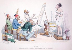 „Model jest doskonale uformowany, aby odwrócić uwagę”, karykatura z serii „Les Metamorphoses du Jour”, przedrukowana w 1854 r. (kolorowa grawerunek) autorstwa Grandville