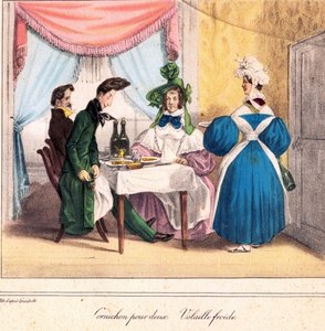 Żywa karta restauratora: Marynata dla dwojga, kurczak na zimno 1831-32 (litografia) autorstwa Grandville