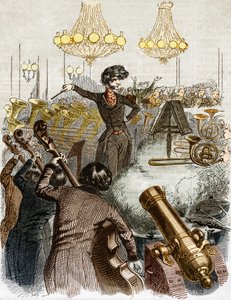 Koncert ma karabin maszynowy. Karykatura Hectora Berlioza dyrygującego orkiestrą. W „Jerome Paturot w poszukiwaniu pozycji społecznej”” zilustrowanej przez Grandville. autorstwa Grandville