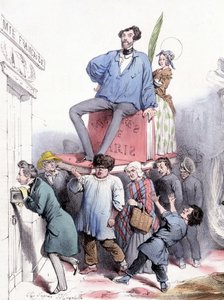 Alfred de Vigny pukający do drzwi Akademii ze swoimi wszystkimi dziełami, oraz Eugène Sue, siedzący na „”Les mystères de Paris””, ubrany w paleto niebieskiego płótna księcia Rodolphe – autorstwa Grandville, w „”Le Charivari””” 21.02.1844 autorstwa Grandville