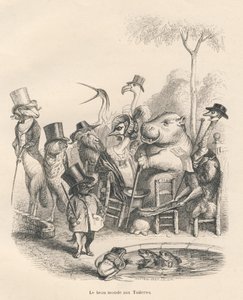 Zwierzęta w eleganckich strojach spacerujące po Tuileries. Winiety ilustrowane przez JJ Granville. Rycina sygnowana Andrzejem, Bestem i Leloirem w części „Historia zająca” napisana przez PJ Stahla w „Scenach z życia prywatnego i publicznego zwierząt”. Zakł autorstwa Grandville