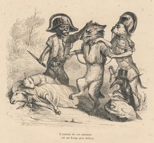 Aresztowanie wilka, który właśnie zabił dwie owce. Winiety ilustrowane przez JJ Granville. Grawer sygnowany Andrew, Best i Leloir w części zatytułowanej „Criminal Court of Animal Justice” napisanej przez Emile de La Bedolliere w „Scenes de la vie privee et autorstwa Grandville
