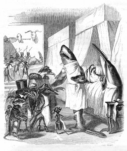 Kreskówka: Ryby - lekarze: Rycina Grandville, z książki "Prywatne i publiczne życie zwierząt (Les animaux ints par eux memes)", wydanie Hetzel 1867 s. 551 - Rekin i ryba piła (Fish saw) przy łóżku chorego w łóżku.